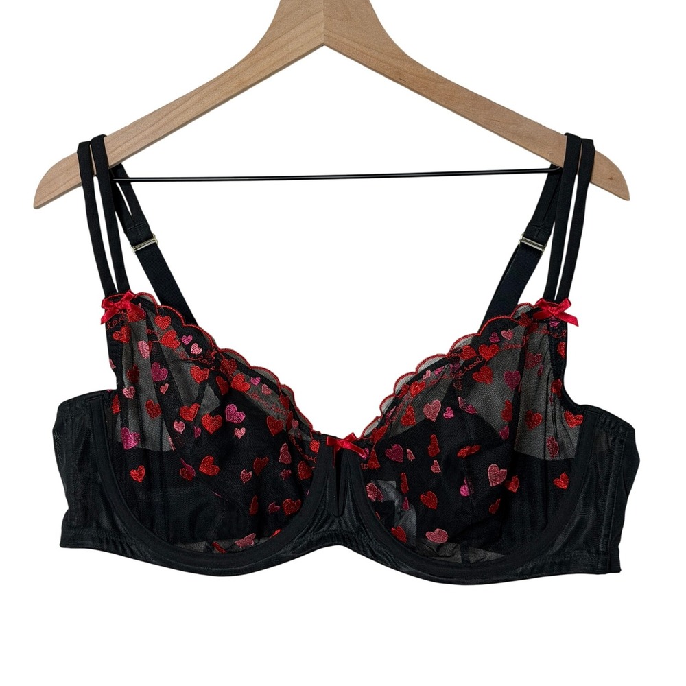 Cacique Black Sheer Heart Embroidery Unlined Balconette Bra Flirty Sexy Mesh 44D